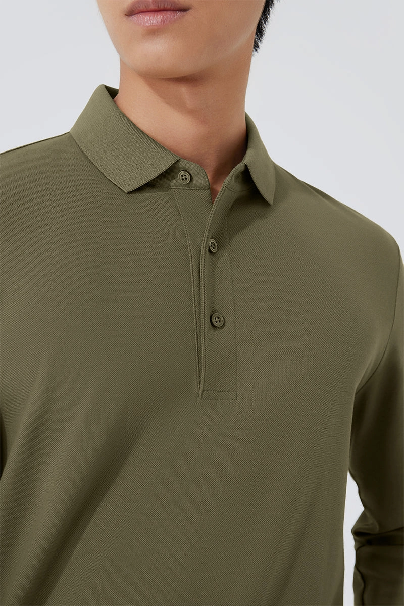 VISDRY? Pique Long Sleeve Polo | Olive GNE474 Non Iron Finish Sporty Vibe