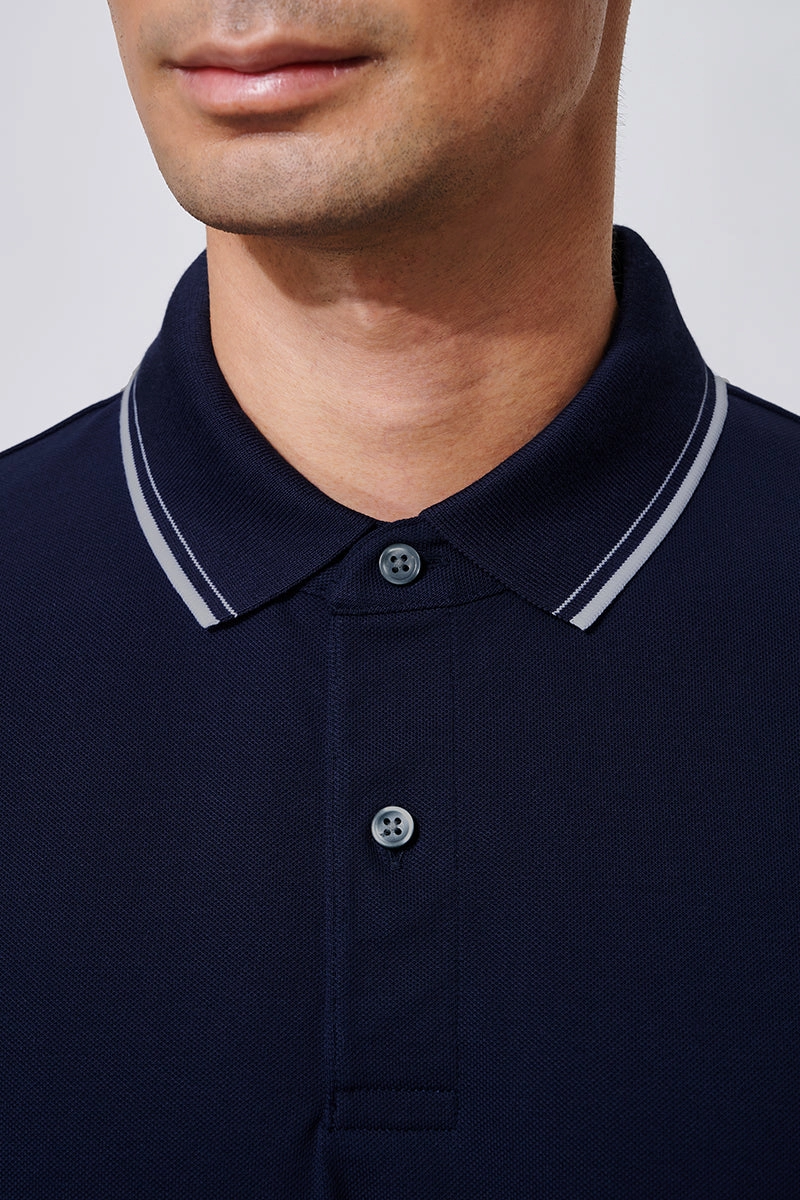 VISDRY? Pique Tipped Polo | Navy NNY096 Chill Vibes LowProfile Hem