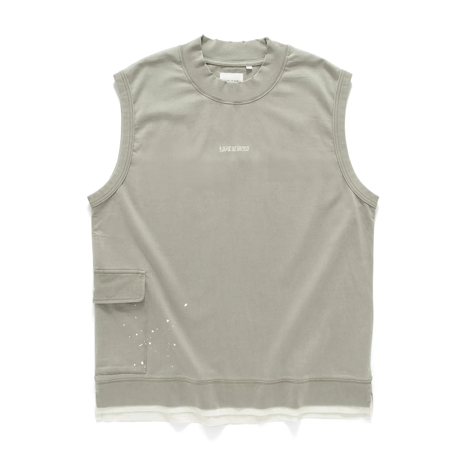 (VT1368) Ripped Splash Ink Fake Layer Vest Layered Compartments