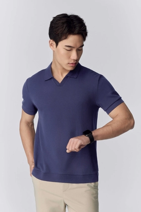 Casual Layers Waffle-Knit Buttonless Polo | Ensign Blue PT4026