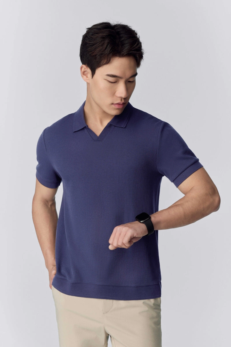 Waffle-Knit Buttonless Polo | Ensign Blue PT4026 Heather Effect Weaving Stylish Layer
