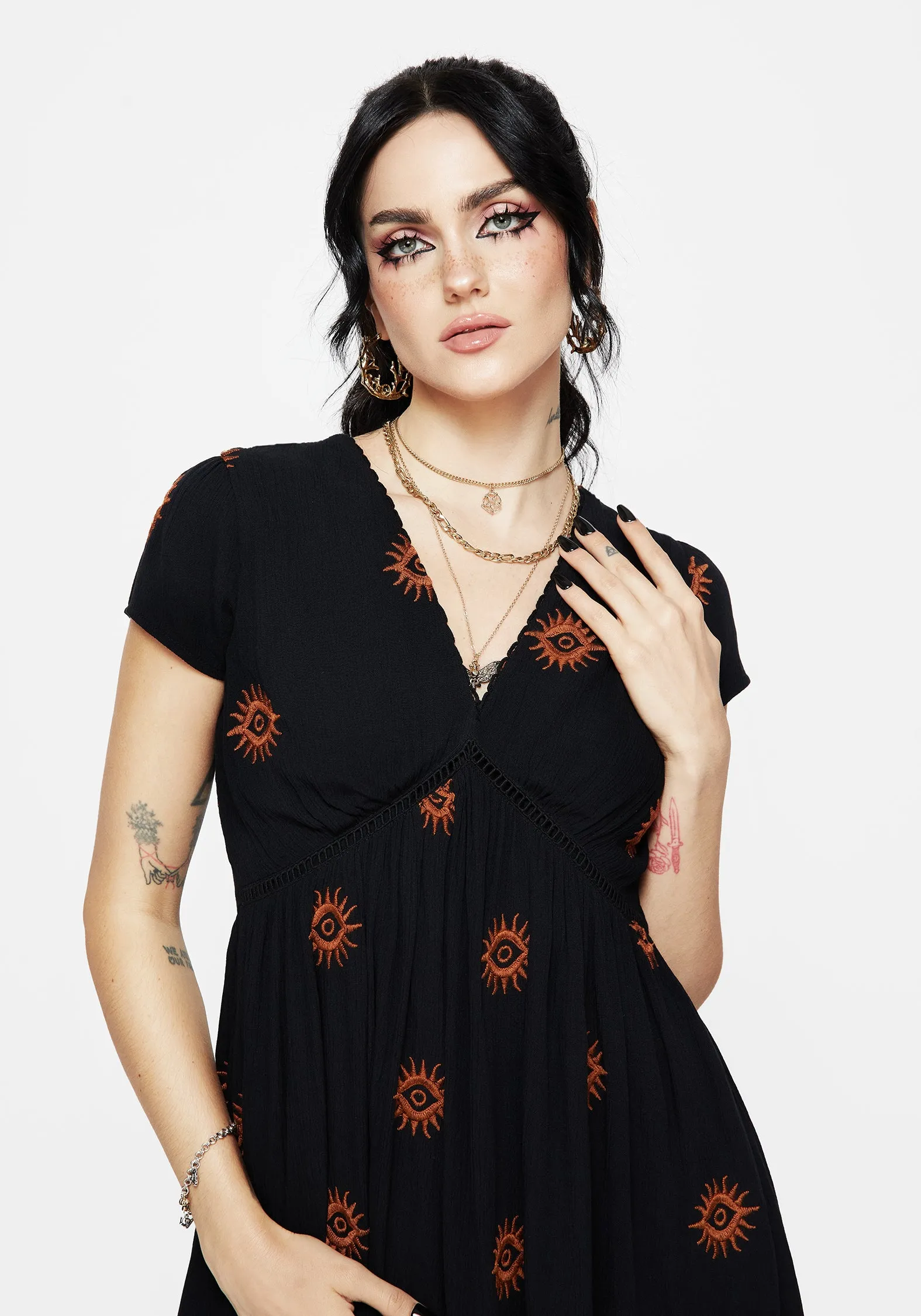 DoubleLayeredMaterial Minimal Comfort Solstice Embroidered Smock Mini Dress