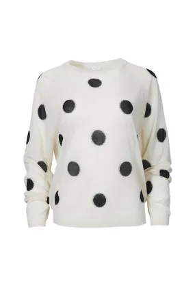 Cozy Fleece soft fit Polka-Dot Intarsia Knit Top In Off White/black