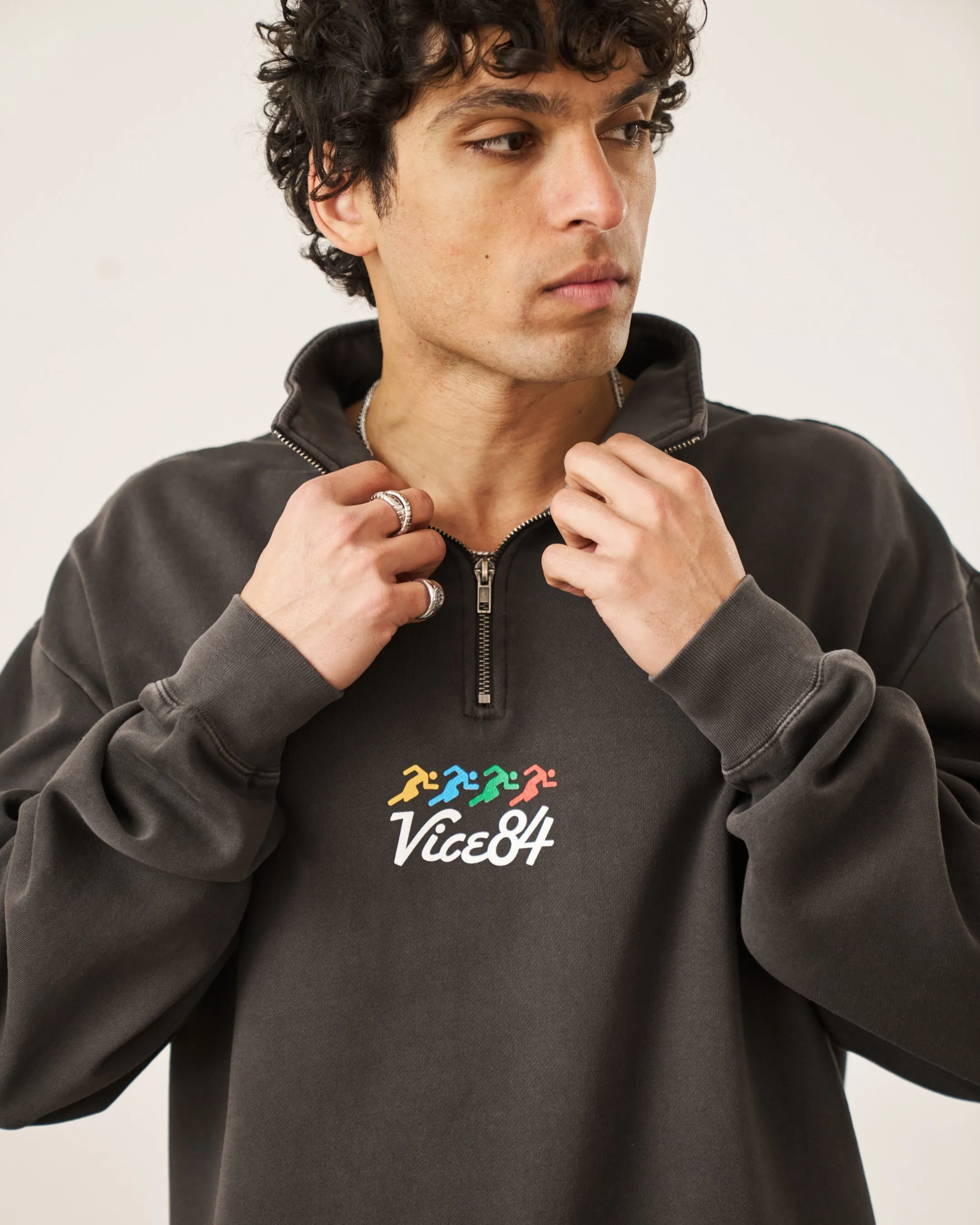 Fray Resistant Edges Winter Layering Vice 84 'Runner' Faded 1/4 Zip Sweater - Black