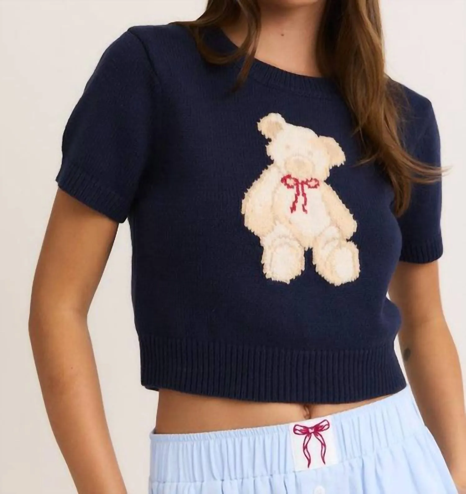 Teddy Short Sleeve Crewneck Sweater In Navy Comfy Fashion Elegant Knit