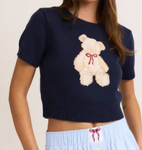 Teddy Short Sleeve Crewneck Sweater In Navy Comfy Fashion Elegant Knit