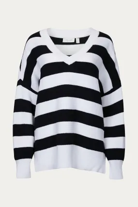 All-Season Comfort Oversized Ottoman Rugby Striped Sweater In Black/white