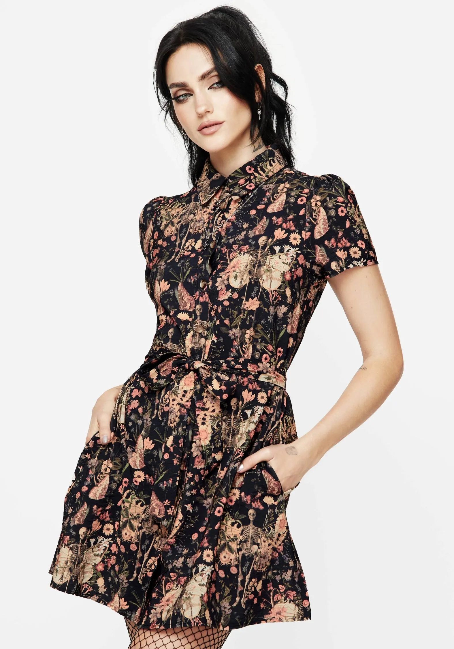 Clean Comfort Subtle Motion Pixie Floral Print Mini Shirt Dress