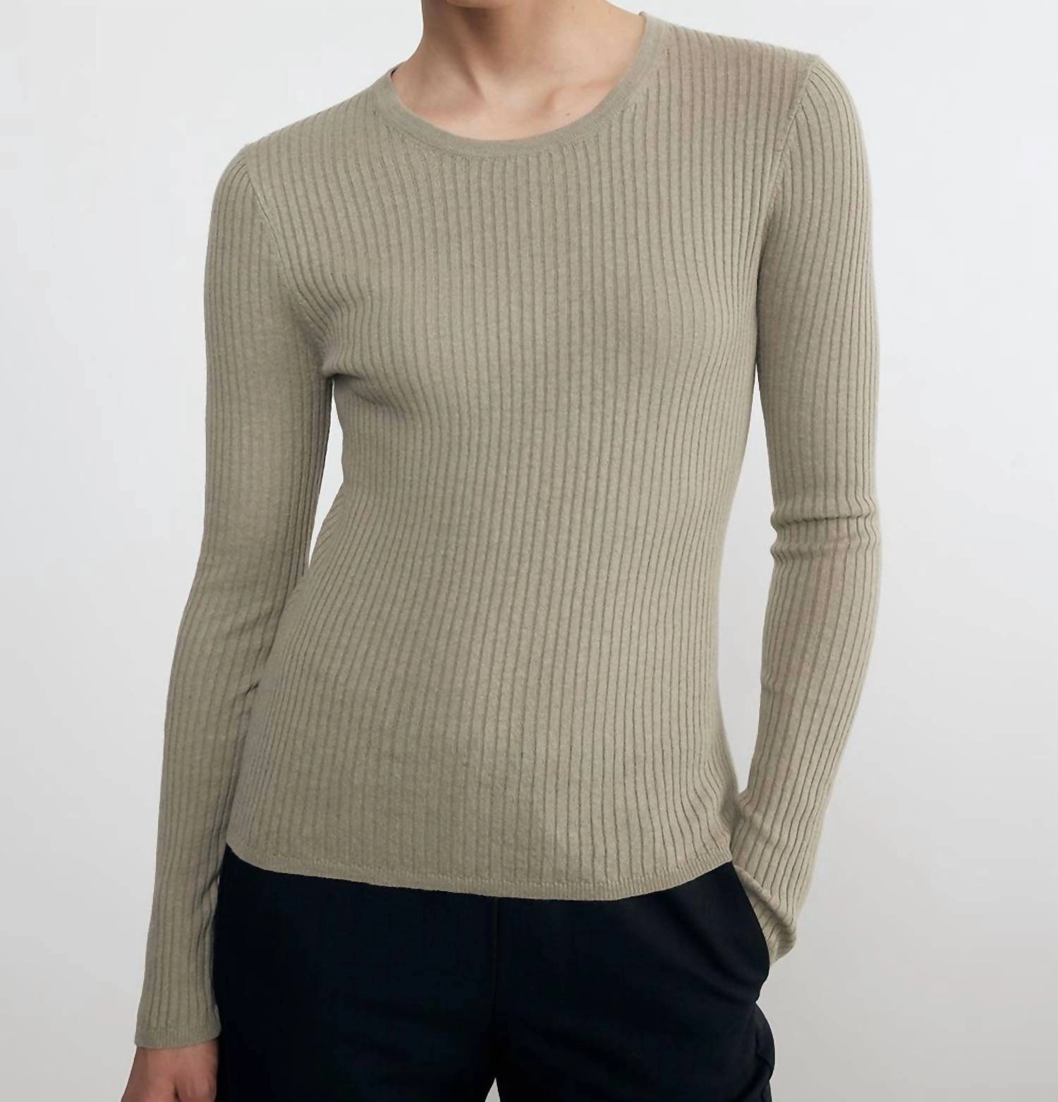 Ribbed cuff Knitwear Look Linen Cotton Longsleeve Sweater Tee In Ash