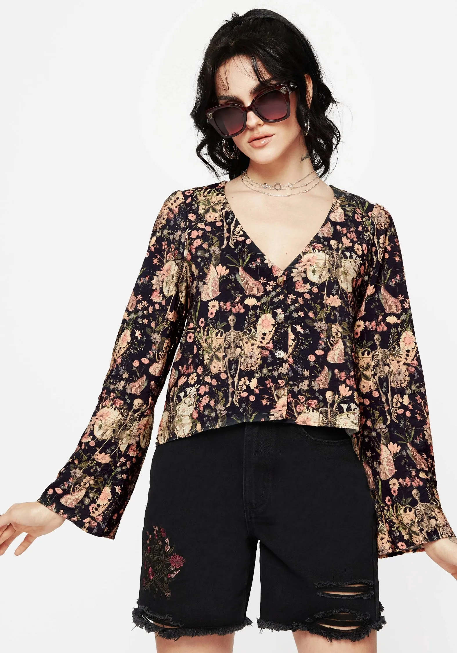 Basic item Cap Pixie Floral Print Button Up Blouse Top