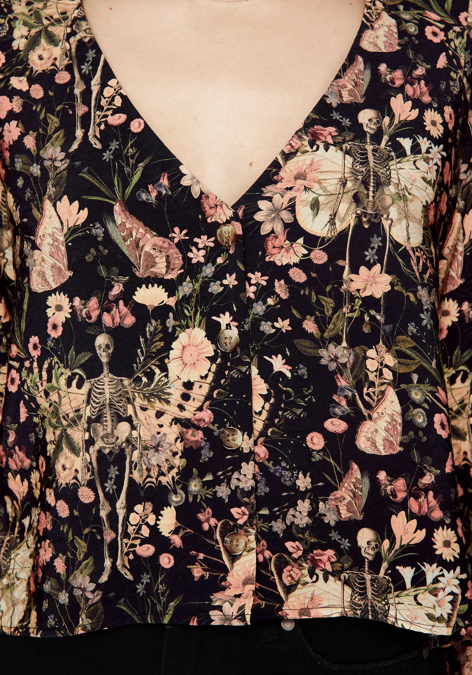 Travel related Beverage Pixie Floral Print Button Up Blouse Top