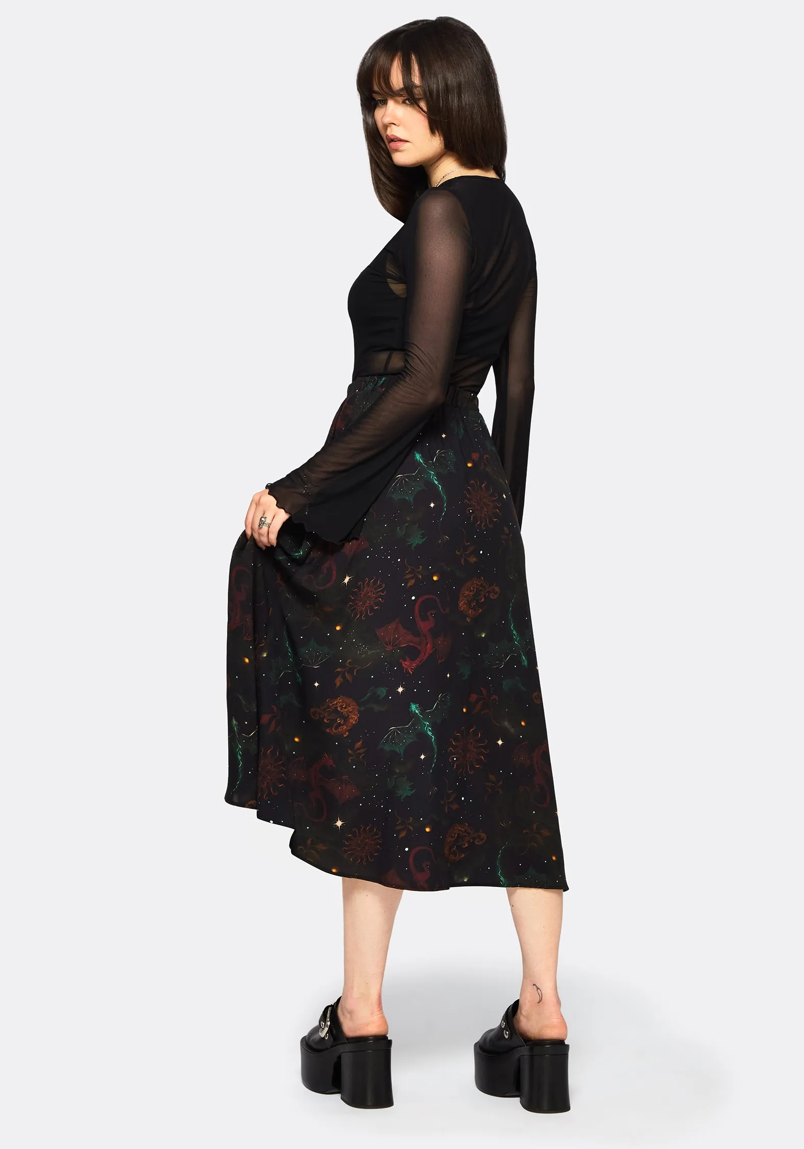 Abstract Motif Phoenix Dragon Printed Pleated Midi Skirt