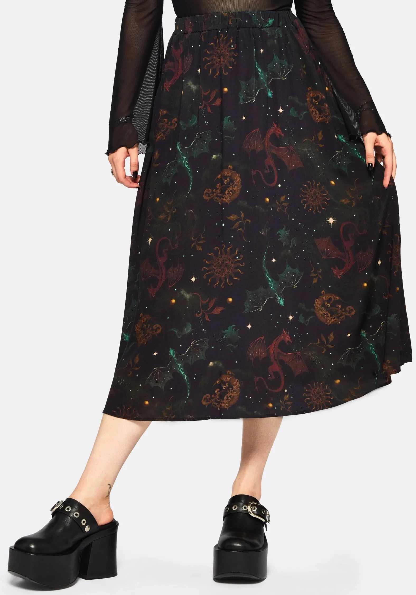 Phoenix Dragon Printed Pleated Midi Skirt Minimalist fashion