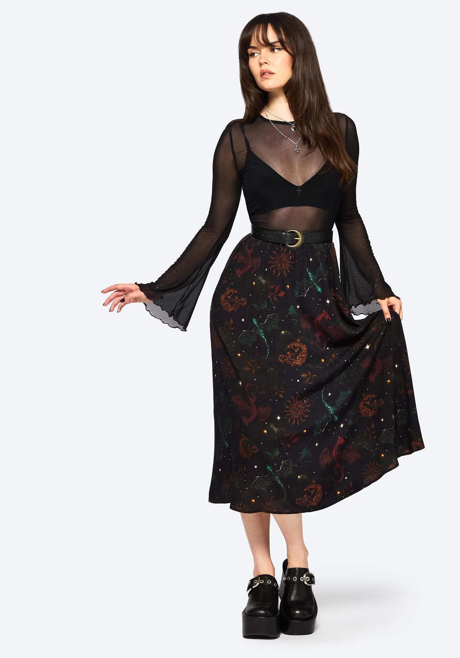 Phoenix Dragon Printed Pleated Midi Skirt Artistic Influence Gentle Comfort