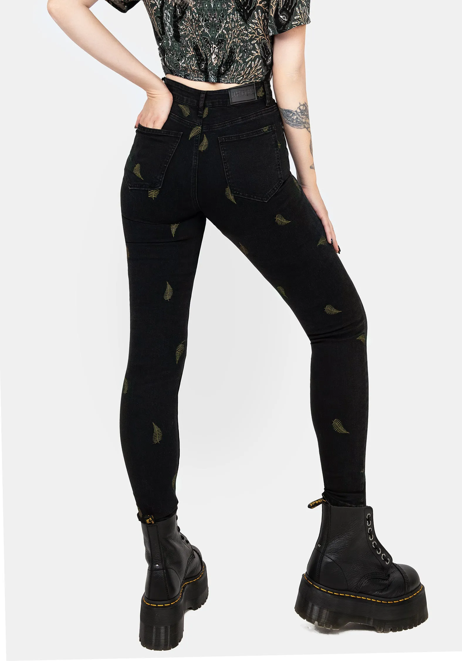 Osmunda Fern Embroidered Denim Skinny Jeans Minimal Shrinkage Fabric Comfy Streetwear Fan Music Event