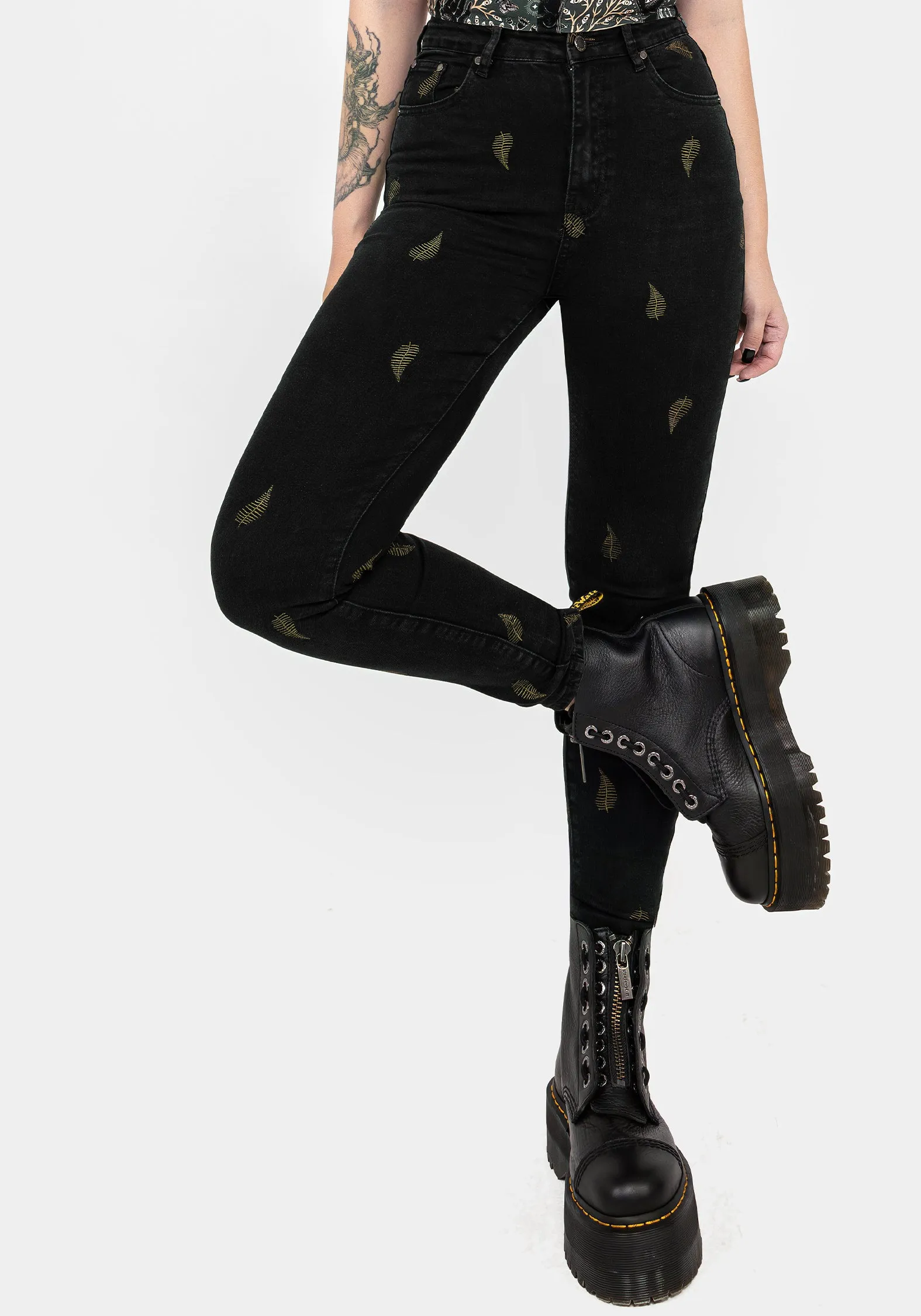 Friction Free Inner Lining Quick Pick Osmunda Fern Embroidered Denim Skinny Jeans