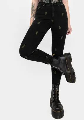 Friction Free Inner Lining Quick Pick Osmunda Fern Embroidered Denim Skinny Jeans