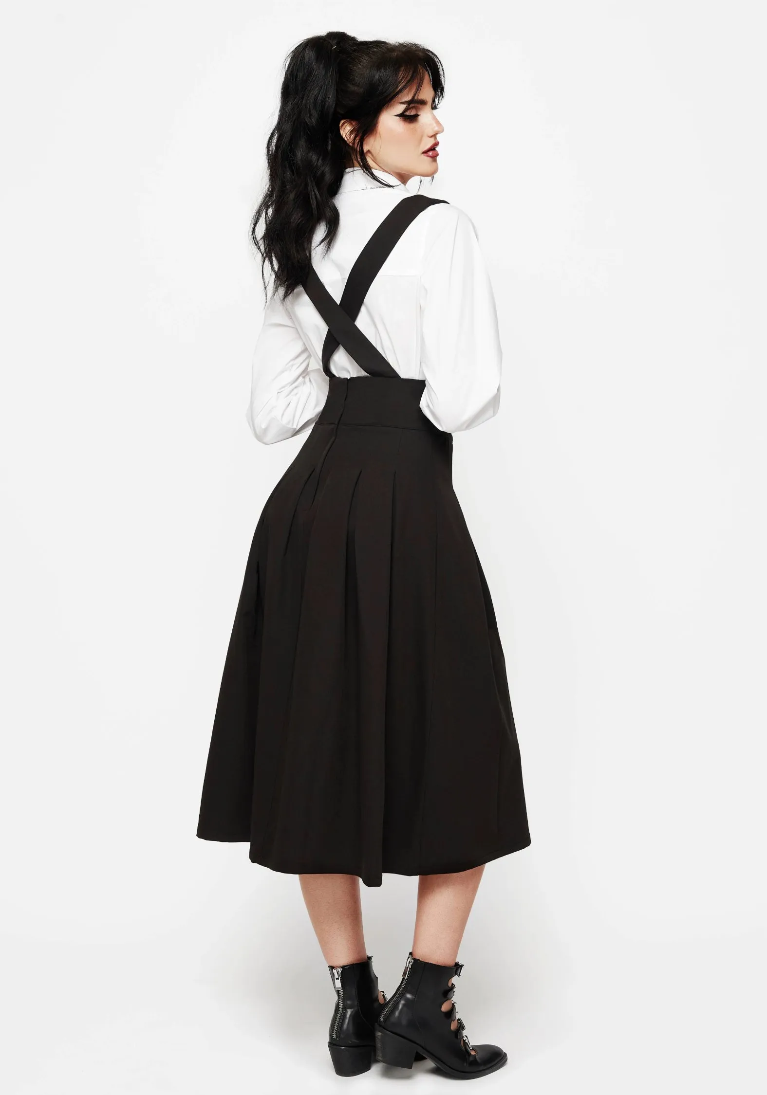 Budget Friendly Despair Thistle Embroidered Tailored Pleated Pinafore Midi Skirt