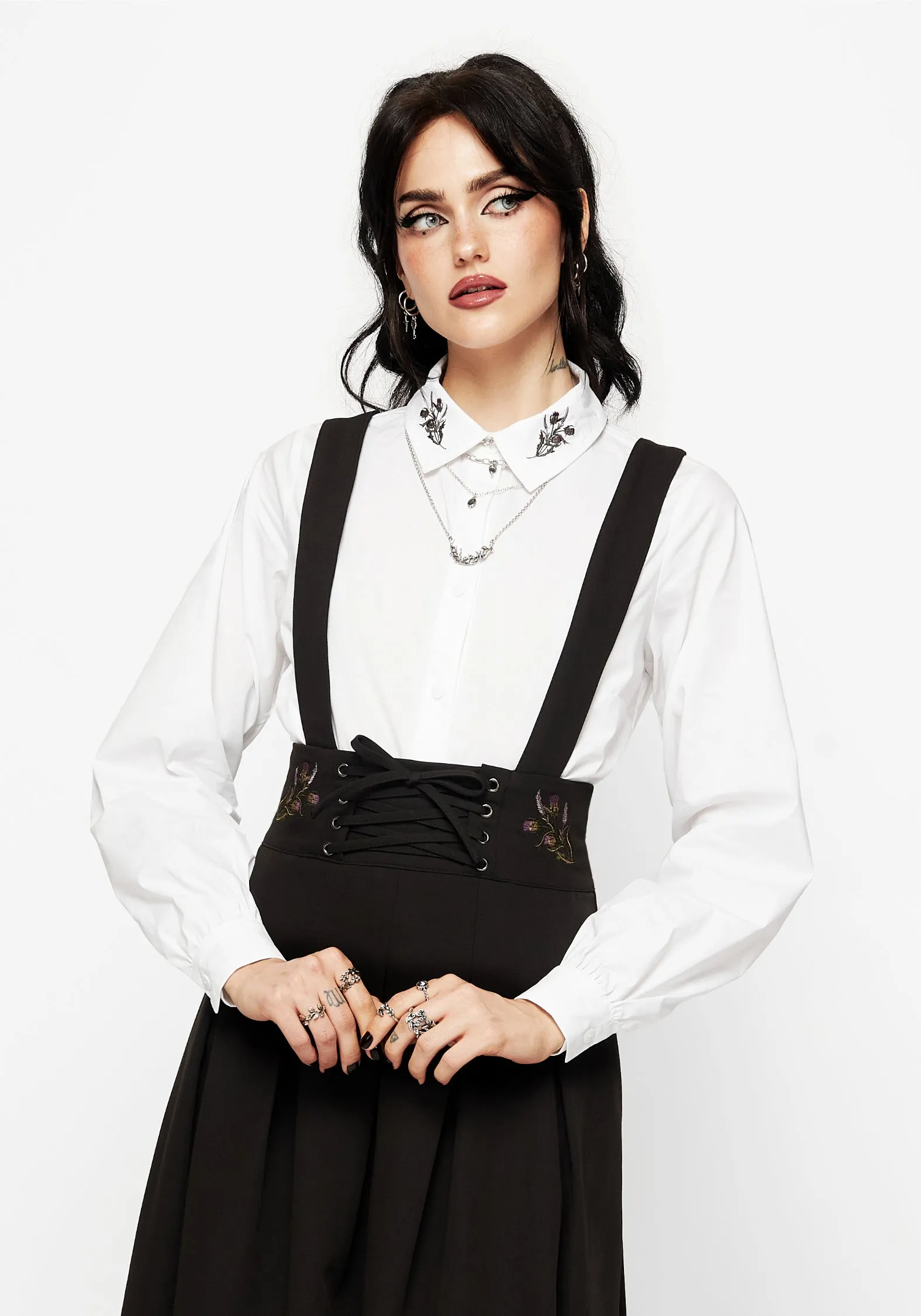 Despair Thistle Embroidered Tailored Pleated Pinafore Midi Skirt Tagless label
