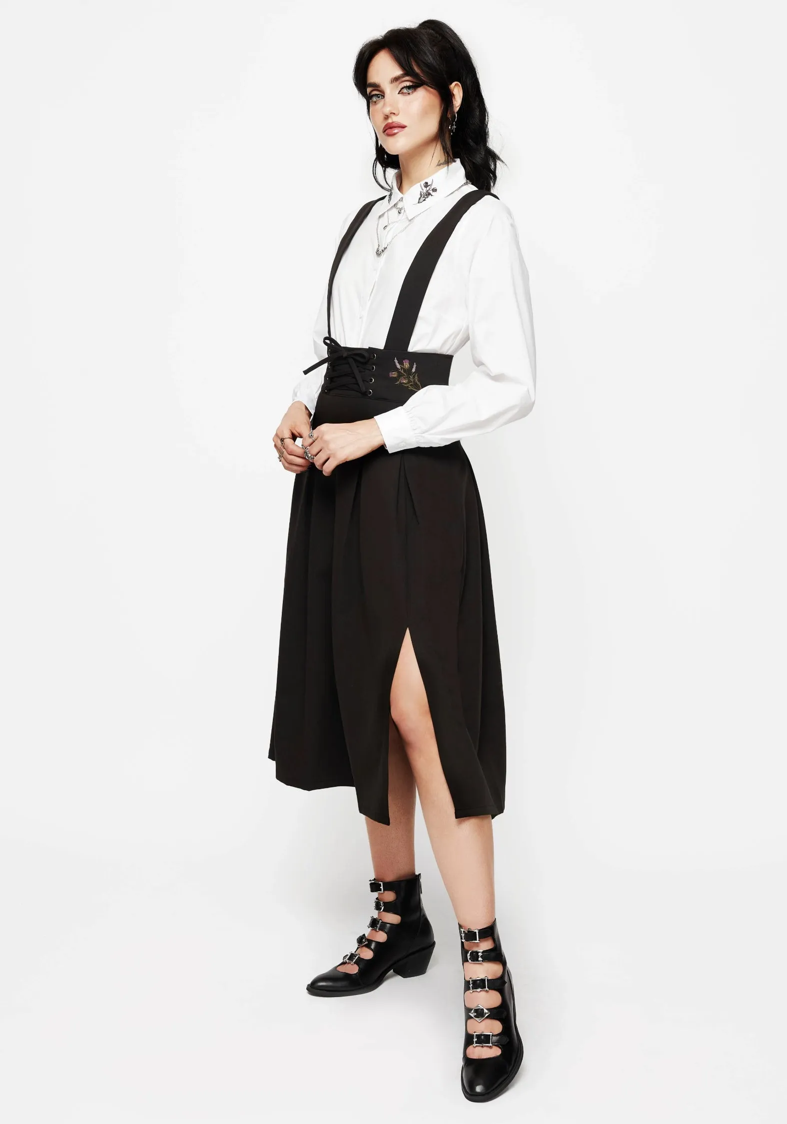 Despair Thistle Embroidered Tailored Pleated Pinafore Midi Skirt Multi Purpose