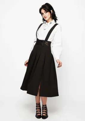 Despair Thistle Embroidered Tailored Pleated Pinafore Midi Skirt Figure Flattering Modern Combo