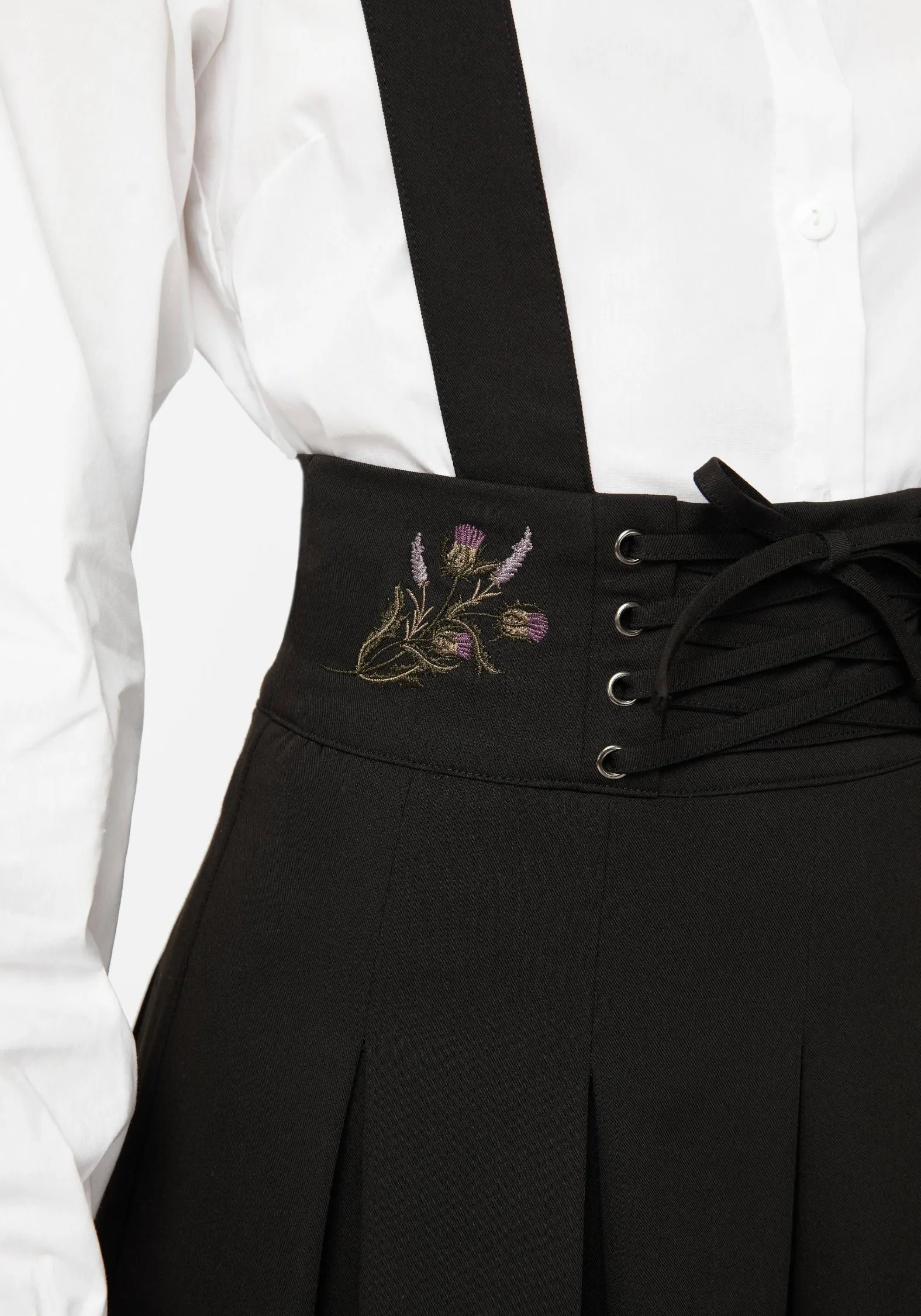 Despair Thistle Embroidered Tailored Pleated Pinafore Midi Skirt Mid Length Simple Fashion