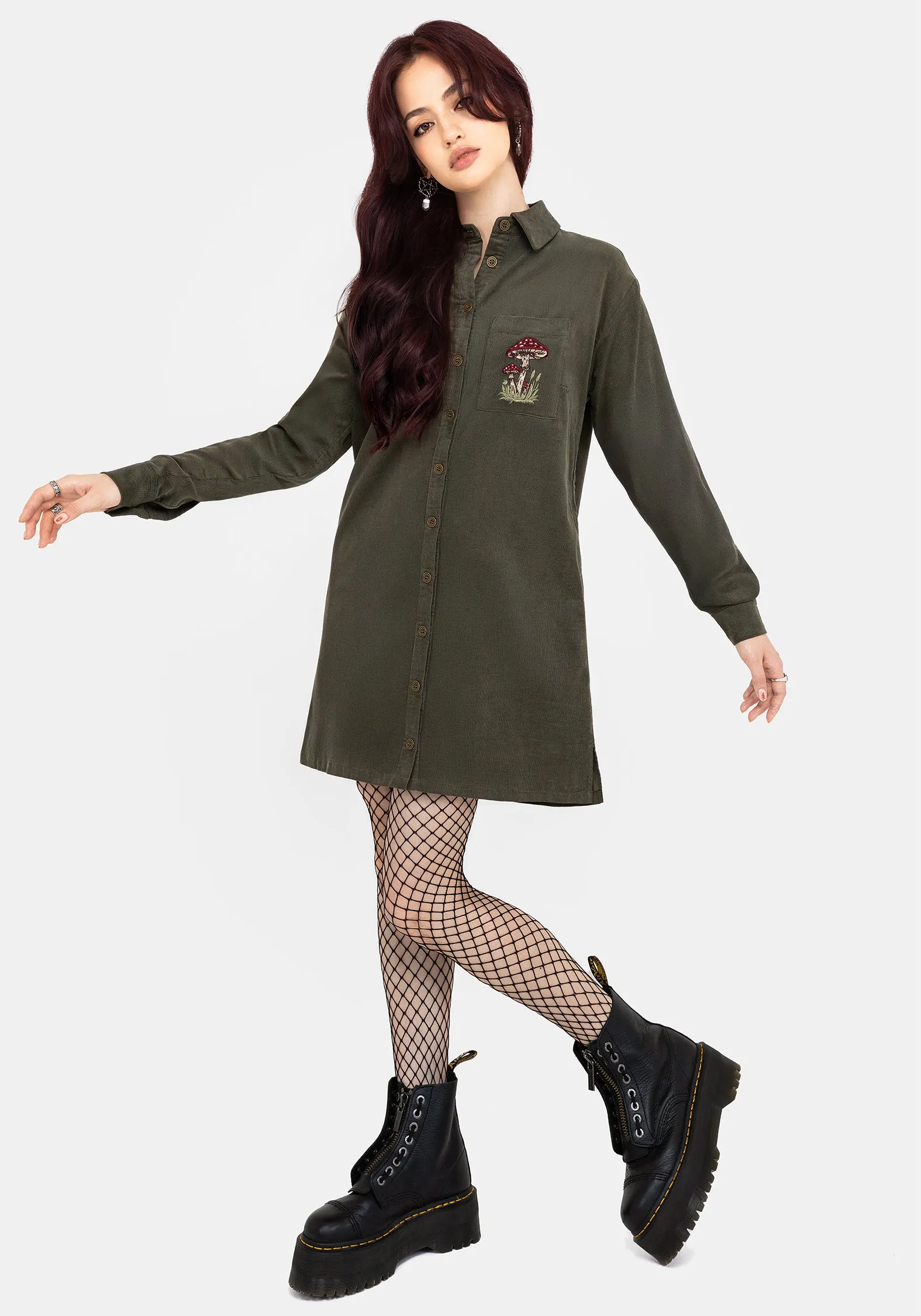Versatile Layering Printed-Fabric Whimsical Pocket Embroidered Mini Shirt Dress
