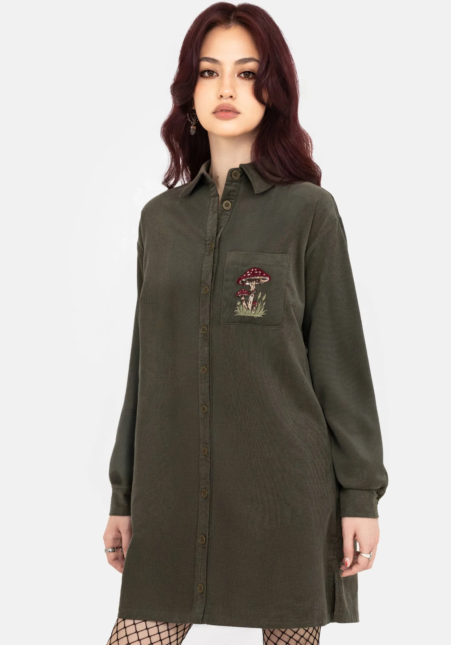 Lace-Sleeve Casual Core Whimsical Pocket Embroidered Mini Shirt Dress