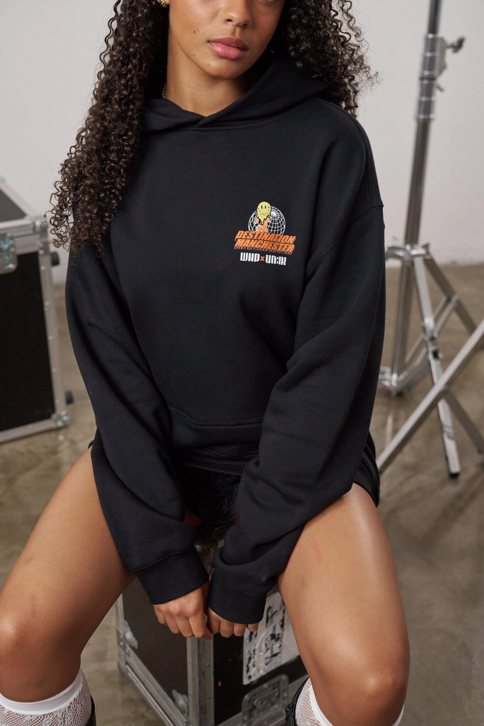 WHP x UN:IK 'Destination Manchester' Hoodie - Black Adjustable drawstring