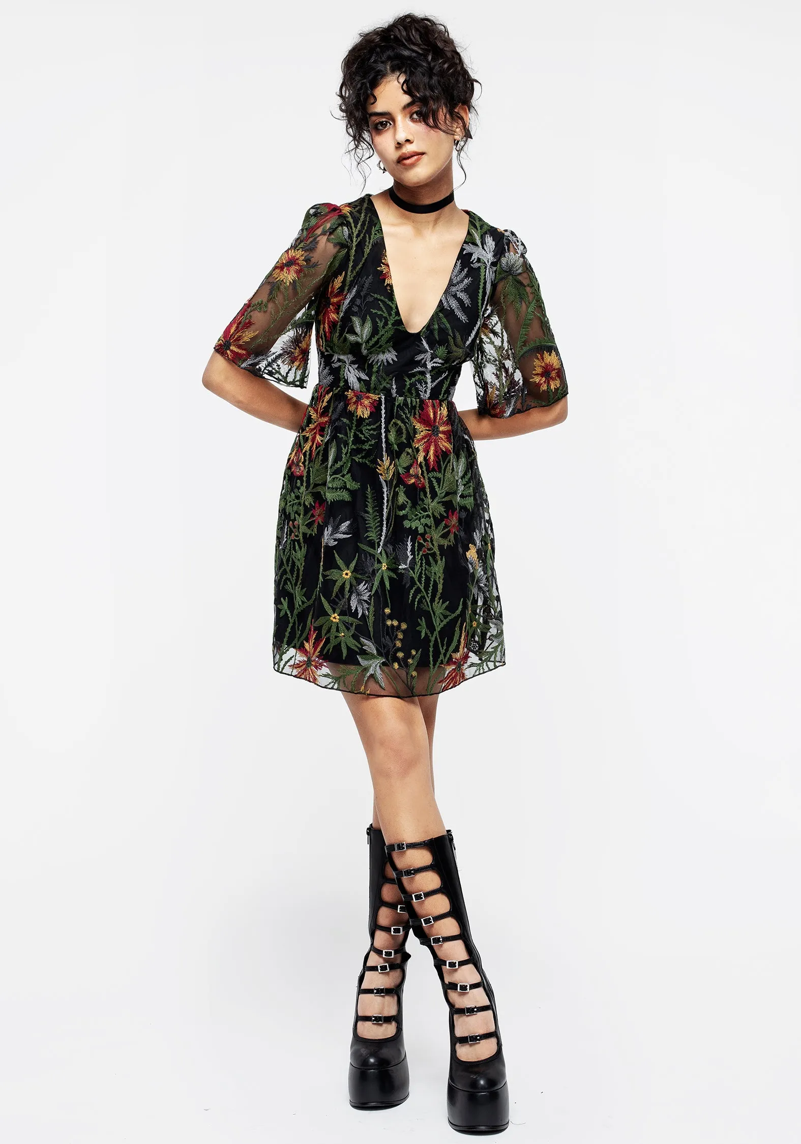 Chic Silhouette Flattering Lines Wildflower Embroidered Mesh Mini Dress