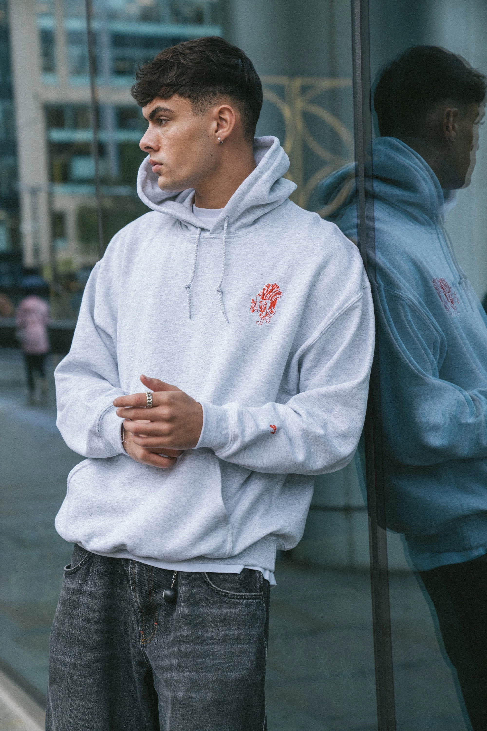 Pomme Frite 'Chips' Embroidered Hoodie - Ash Polyester Blend Breathable mesh lining