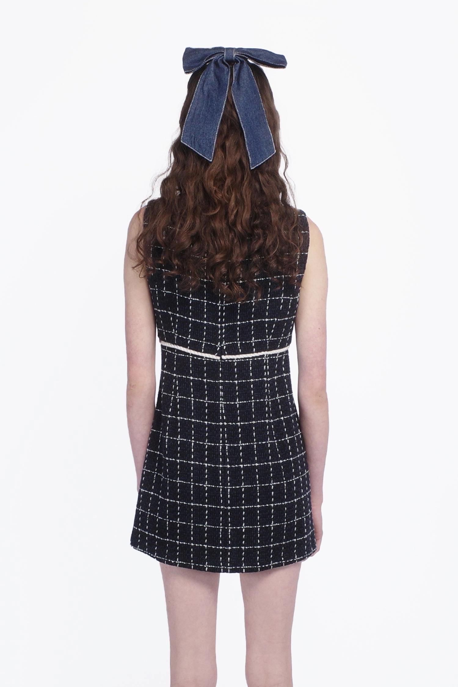 Sheer Element Asymmetric-Neck Windowpane Tweed Square Neck Mini Dress