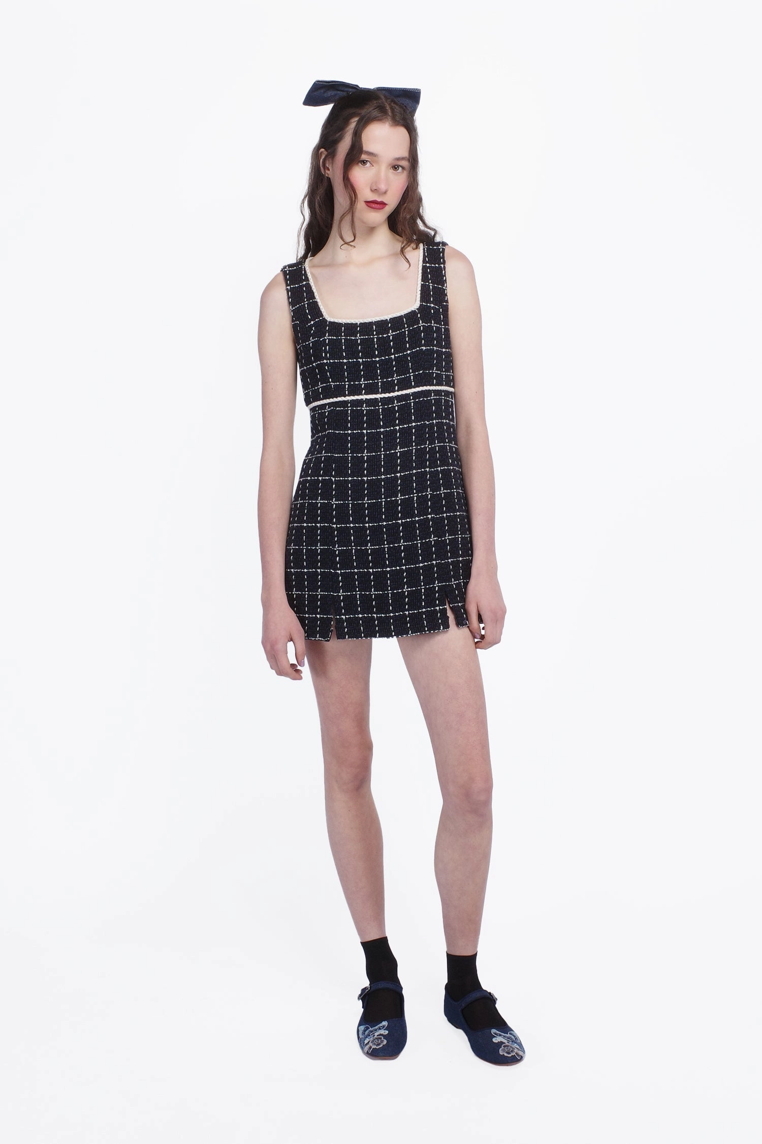 Windowpane Tweed Square Neck Mini Dress Elegant Motion