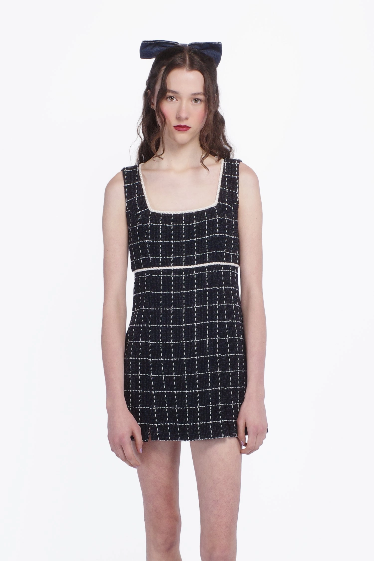 Stylish and Comfortable slim fit Windowpane Tweed Square Neck Mini Dress