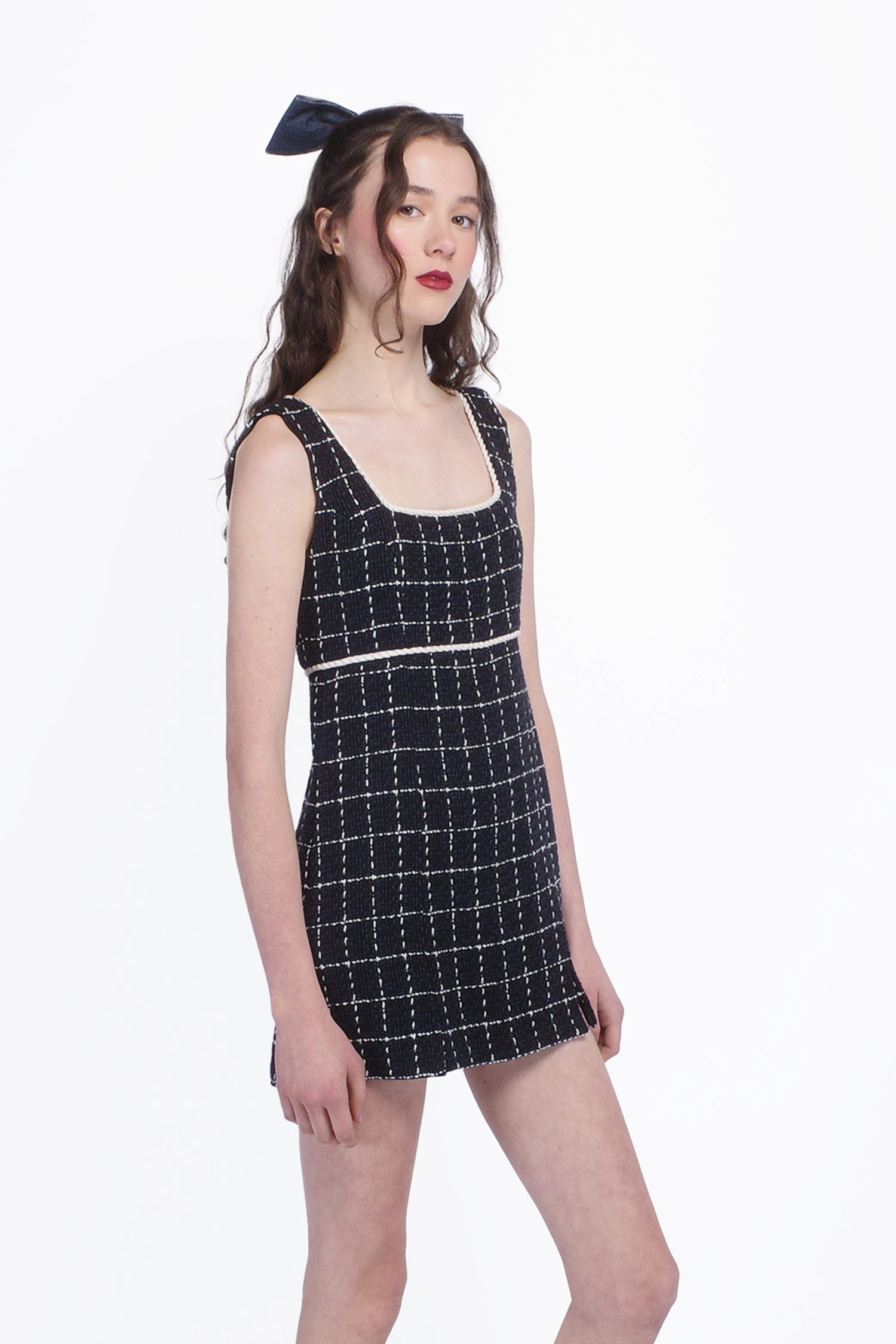 Wide Swing Windowpane Tweed Square Neck Mini Dress