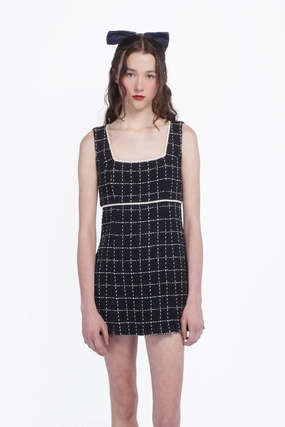 Stylish and Comfortable slim fit Windowpane Tweed Square Neck Mini Dress