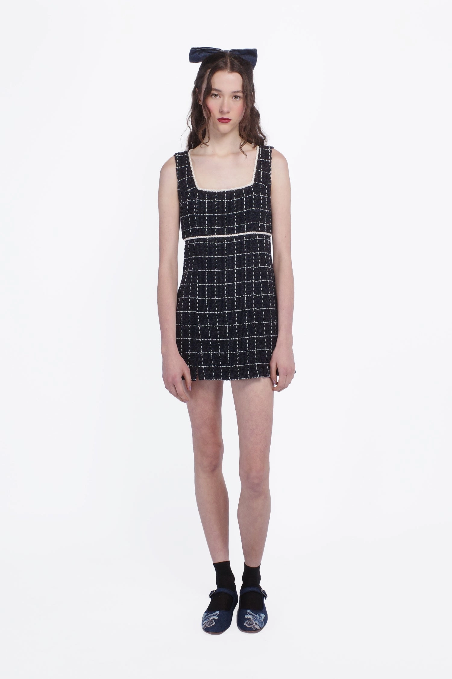Fashionable Fit Windowpane Tweed Square Neck Mini Dress