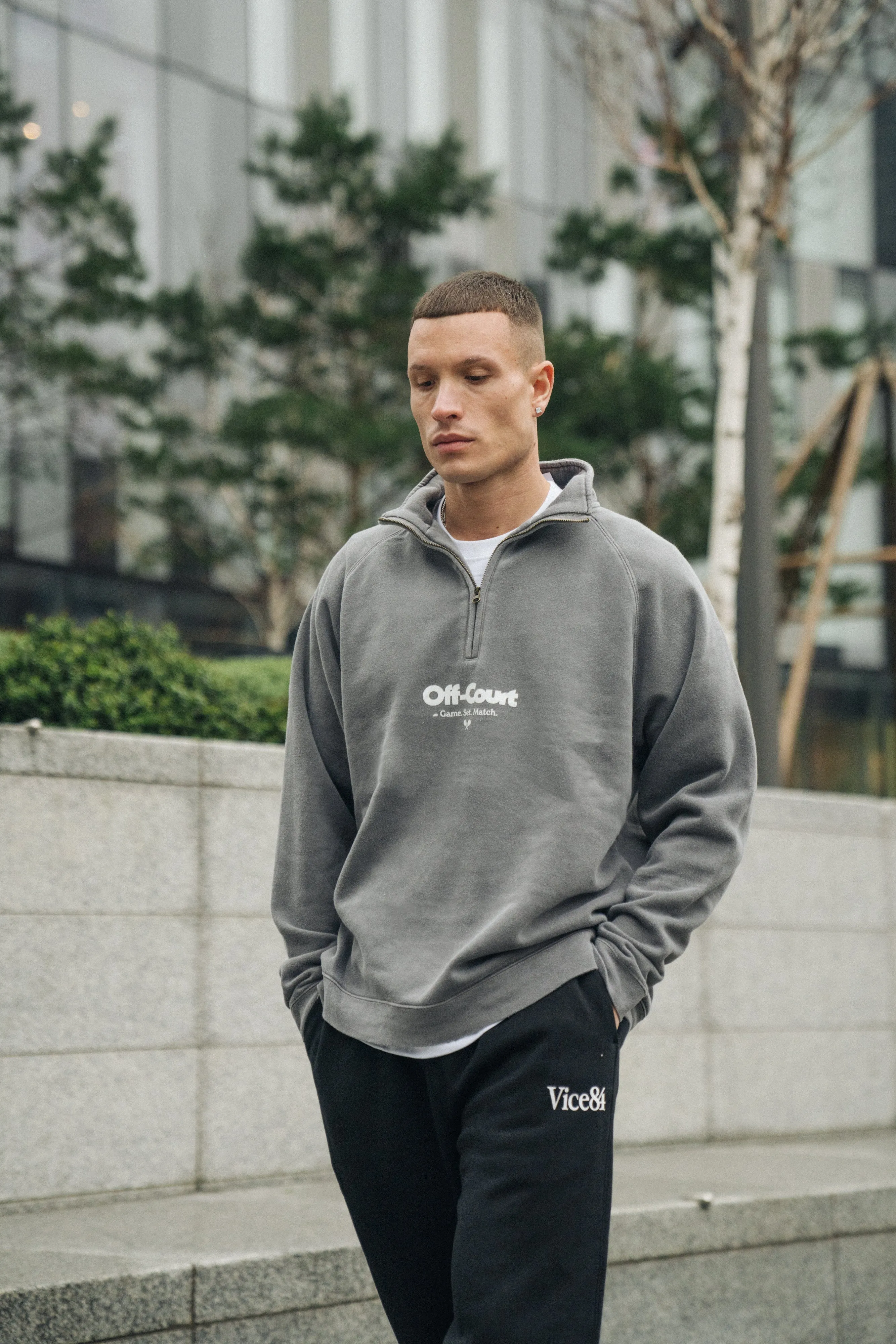 Vice 84 'Off-Court GSM' Washed 1/4 Zip Sweater - Charcoal Knit Look