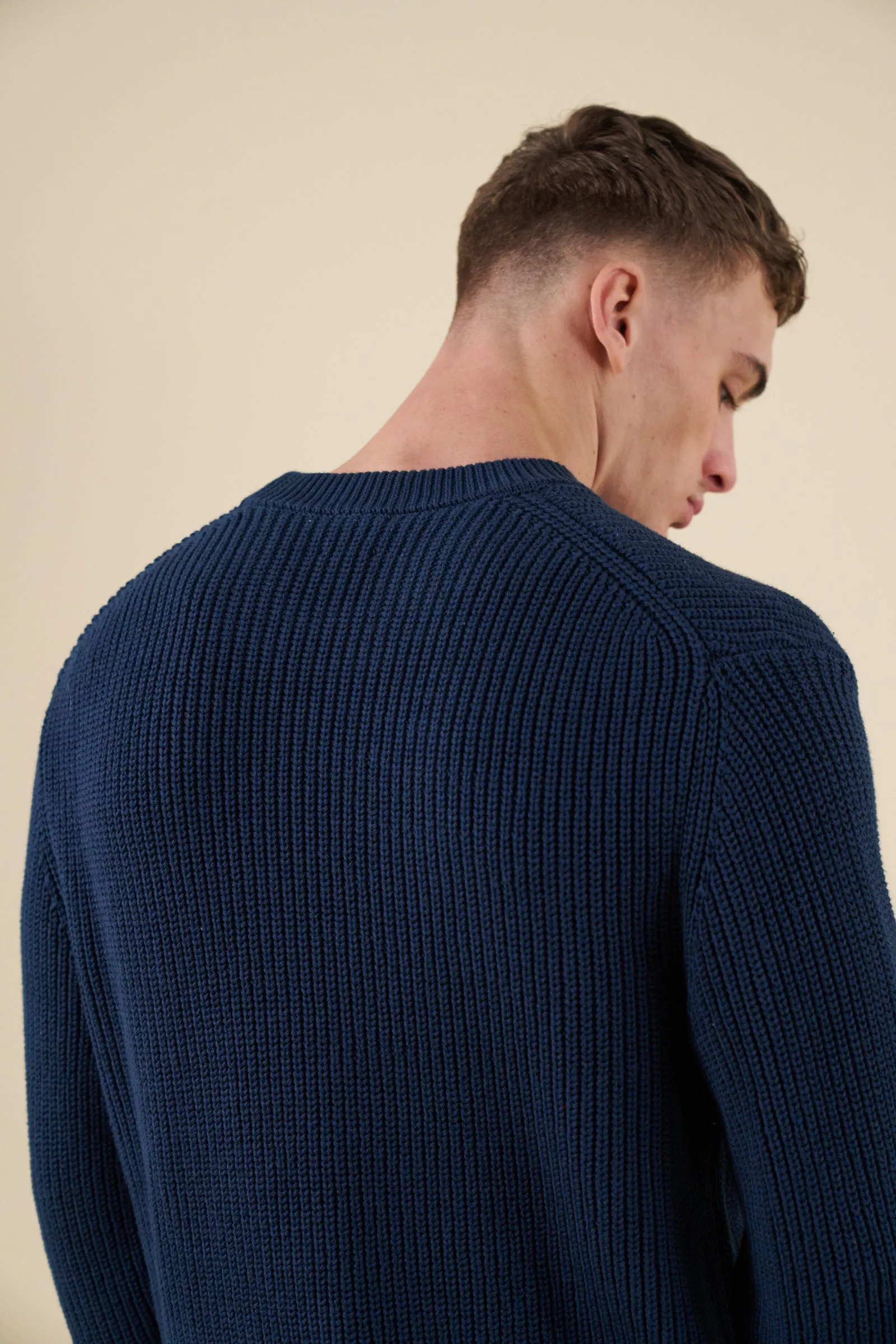 bound Retro Fisherman Rib Knit Sweater - Petrol Blue Warm Outfit Chilly Wear