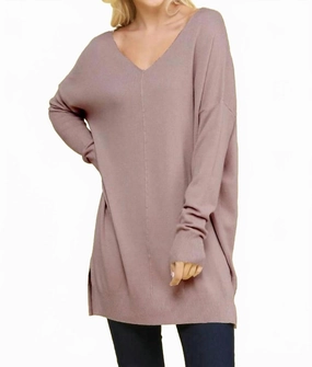V Neck Loose Fit Tunic Length Soft Sweater Top In Mocha Perfect Knit