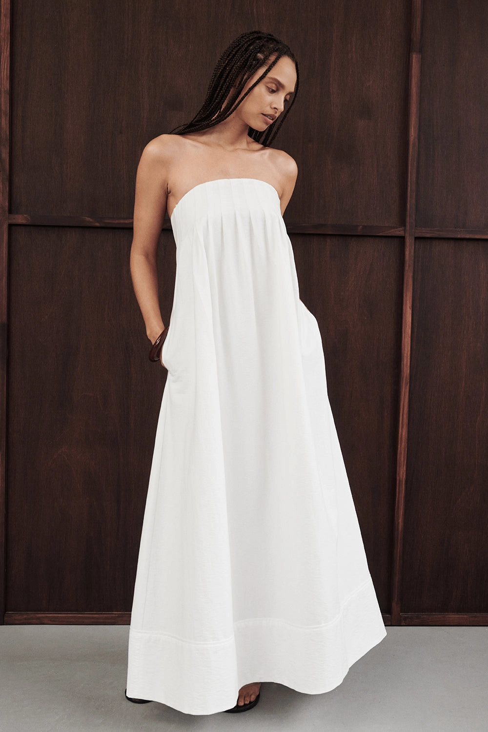 MORGAN WHITE STRAPLESS MIDI DRESS Mixed Fabric Luxurious Texture