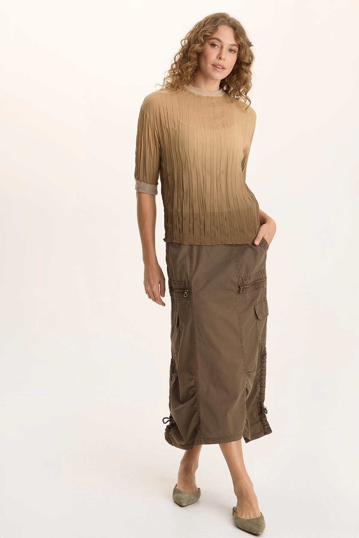 Shea Ruched Detail Cargo Midi Skirt Laidback Style Chic Tones