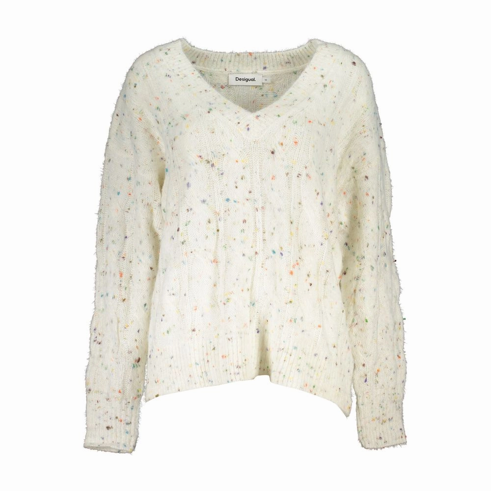 Ethical Production Knitwear Sleek Knit Desigual Chic Contrast V-Neck Sweater with Logo Women's Detail