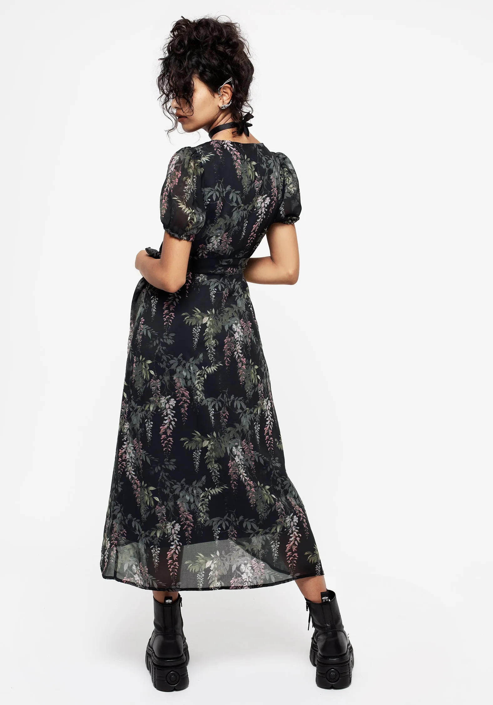Modern-style Wisteria Floral Print Chiffon Midi Wrap Dress