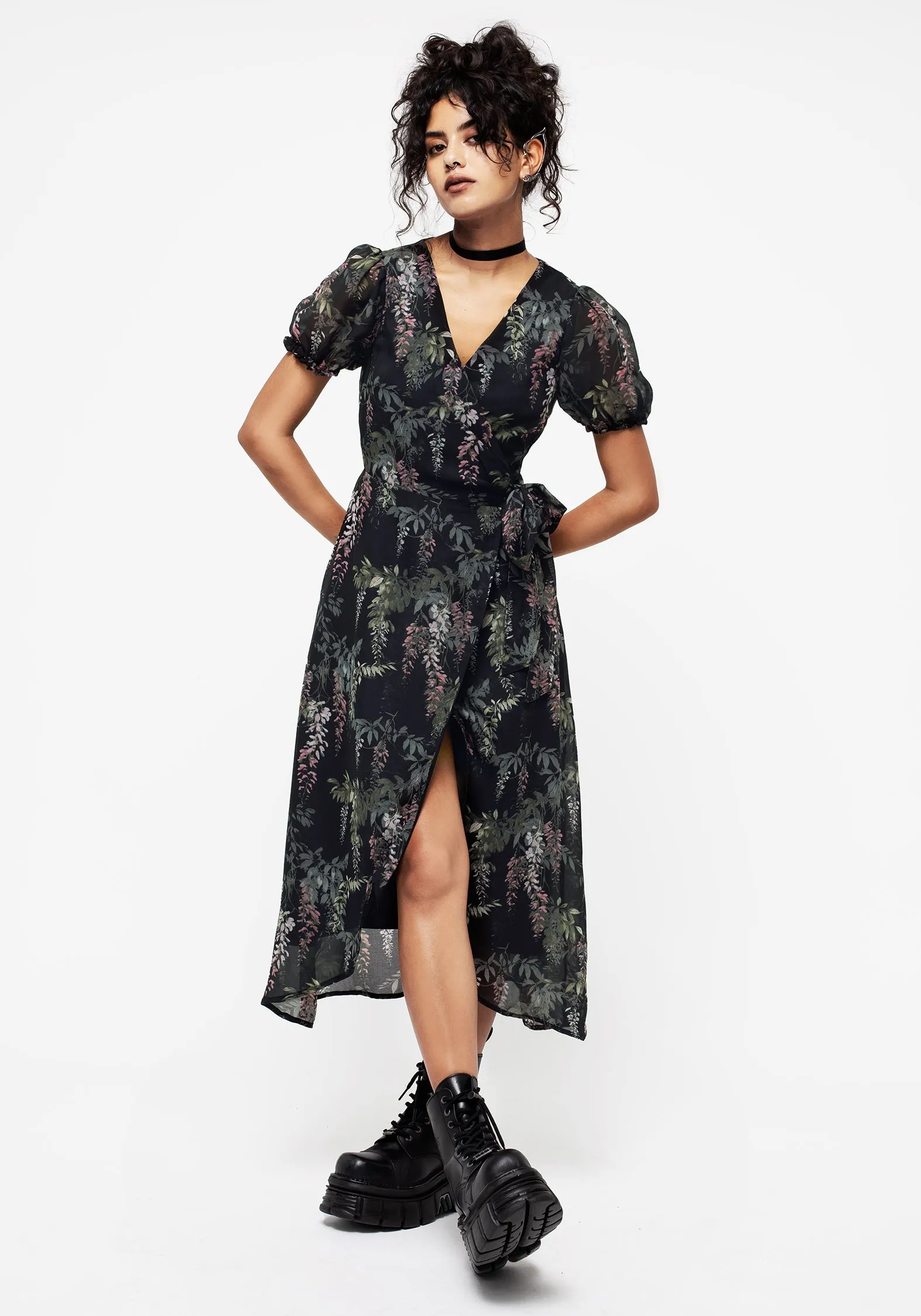 Wisteria Floral Print Chiffon Midi Wrap Dress Airy Layer Stylish Fit