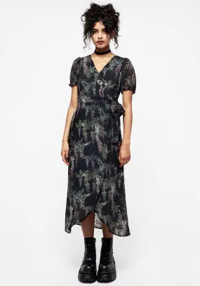 Wisteria Floral Print Chiffon Midi Wrap Dress Travel Outfit