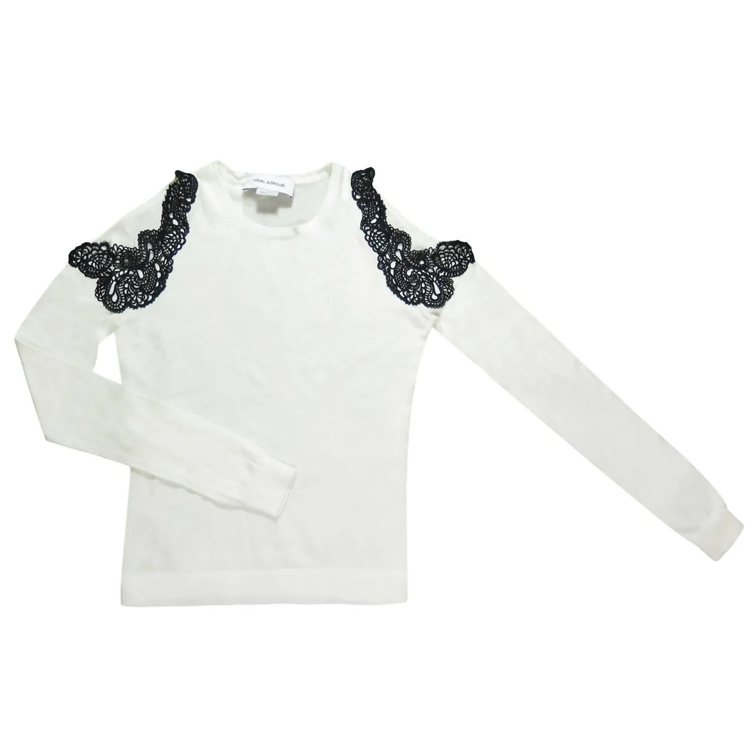Loopback Fabric Women Off Shoulder Lace Trim Pullover Sweater In Ivory