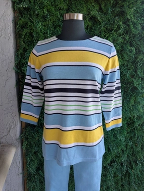 Women's Crewneck 3/4 Sleeve Sweater In Blue/yellow/green Functional Wear Everyday Style