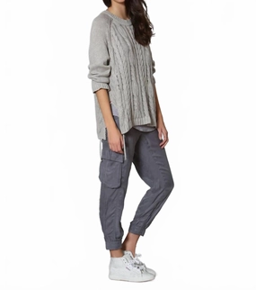 Women's Lace Up Cable Crew Top In Fog Trendy Knitwear Chilly Comfort