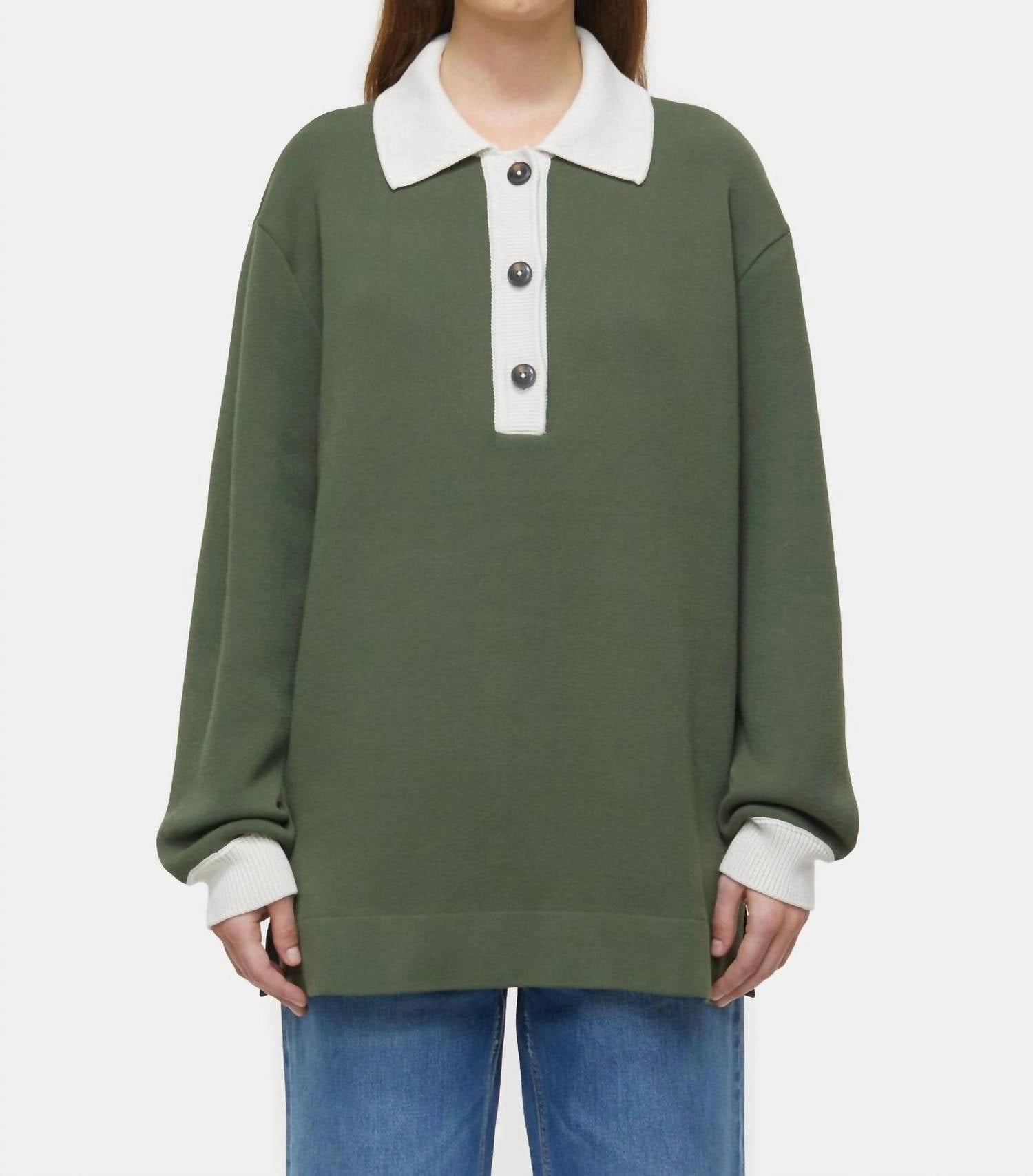 Women's Polo Shirt In Two-Tone In Green Weed Warm Knit All Season Wear